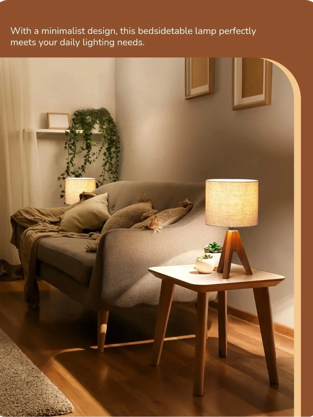 EDISHINE Wood Tripod Small Table Lamp Linen Beige Lampshade, Nightstand Lamp